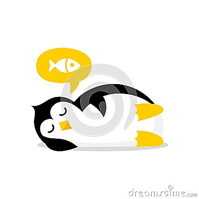 Penguin sleeps and sees a fish in a dream. Mascot cartoon vector illustration. Vector Illustration