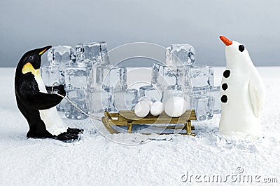 Penguin with snowballs Stock Photo