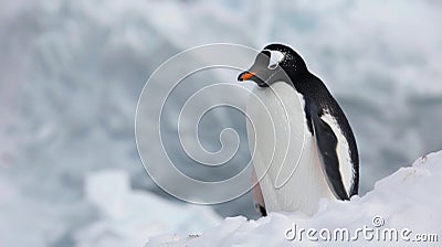 Penguin Standing in Snow Near Water Stock Photo