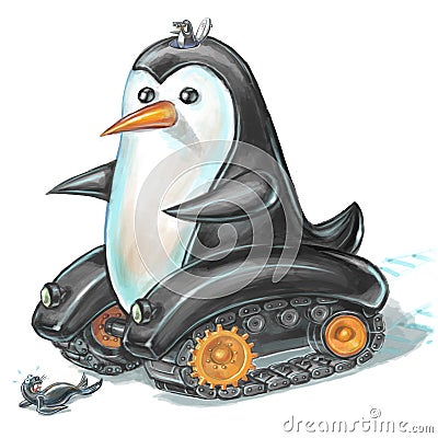 Penguin tank with frightened sea lion Cartoon Illustration