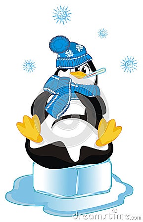 Sick penguin sit on ice Stock Photo