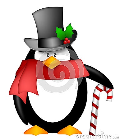 Penguin Top Hat Red Scarf Candy Cane Clipart Stock Photo