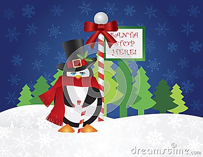 Penguin Top Hat at Santa Stop Here Sign Vector Illustration