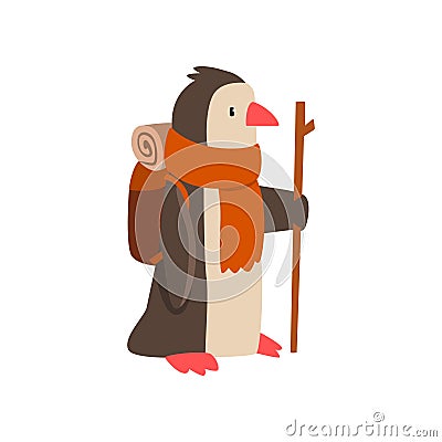 Penguin travelling with backpack and staff, cute cartoon bird having hiking adventure travel or camping trip vector Vector Illustration