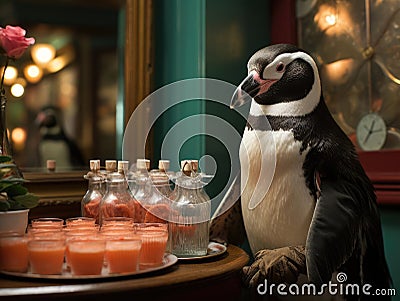 Penguin waiter with tray and bottles on blue background Stock Photo