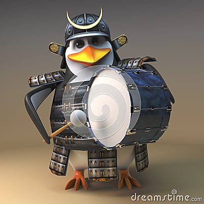 Penguin warrior samurai 3d character beating on a bass drum, 3d illustration Cartoon Illustration