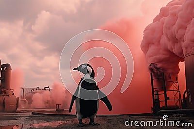 The penguin was smothered in thick oil smoke from a large. Generative AI Stock Photo