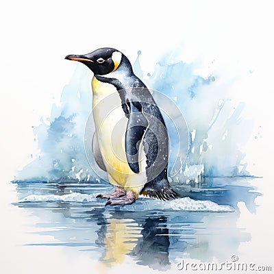 Highly Detailed Watercolor Penguin Painting On Water Cartoon Illustration