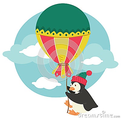 Penguin wearing kitted hat holding big balloon Vector Illustration