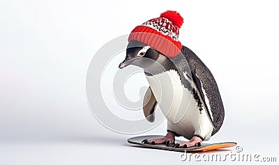 Penguin wearing red winter knitted hat standing on snowboard, on white background with blank copy space. Stock Photo