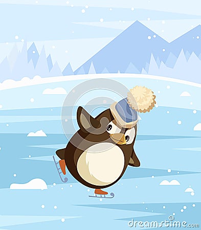 Penguin Figure Skating on Ice Rink in Winter Vector Vector Illustration