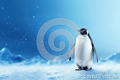 Penguin winter snow background. Generate Ai Stock Photo