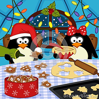 Penguins bake Christmas cookies Vector Illustration