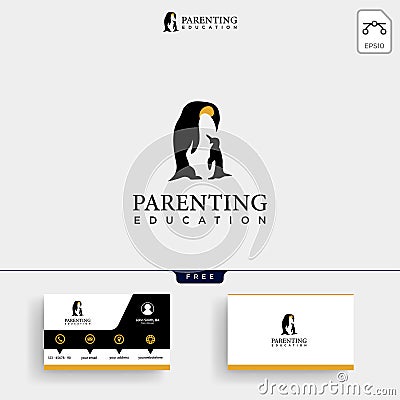 Penguins Care, Love and parenting Logo template and business card Cartoon Illustration