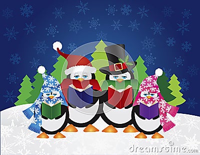 Penguins Carolers with Night Winter Scene Vector Illustration