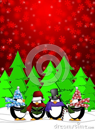 Penguins Carolers Singing with Red Winter Scene Stock Photo