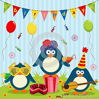 Penguins celebrate birthday Vector Illustration