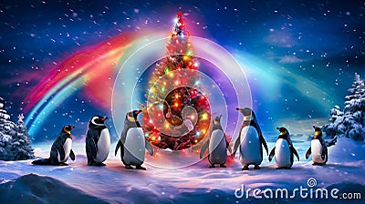 Arctic penguins celebrating around a multi colored lit Christmas tree.Generative AI Stock Photo