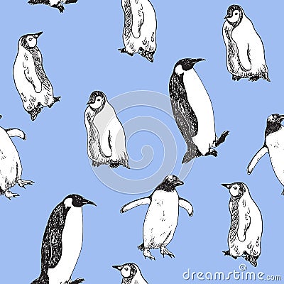 Penguins walking, hand drawn doodle, sketch, seamless pattern design on blue Stock Photo