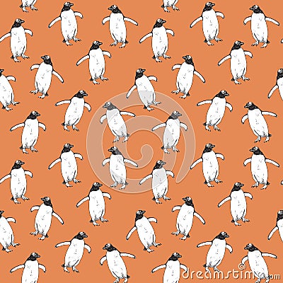 Penguins walking, hand drawn doodle, sketch, seamless pattern design on soft orange Stock Photo