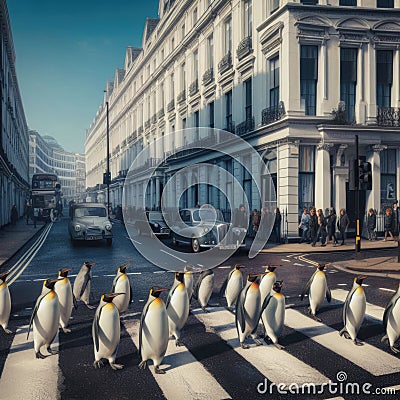 Penguins crossing London Road Stock Photo