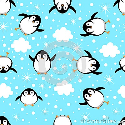 Penguins in different poses. Seamless pattern. Vector cartoon illustration Cartoon Illustration