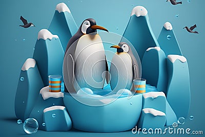 Penguins family graphic illustration antarctic Cartoon Illustration