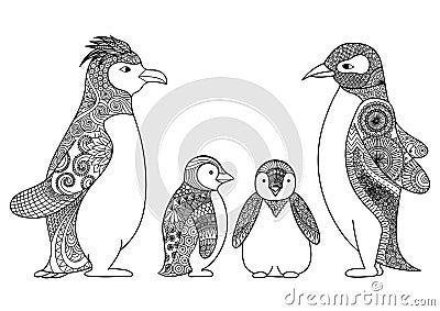 Penguins family line art design for coloring book for adult , T - shirt design and other decorations Vector Illustration