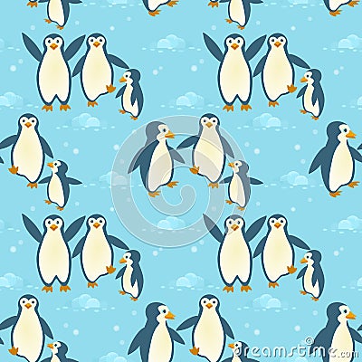 Penguins family on ice seamless pattern. Stock Photo