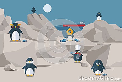 Penguins have lunch on rocky shore, vector illustration. Bird in three-cap and chef s hat outside. Character penguin got Vector Illustration