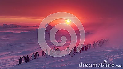 Penguins huddling in antarctic snowfield at sunset wildlife photography with high detail Stock Photo