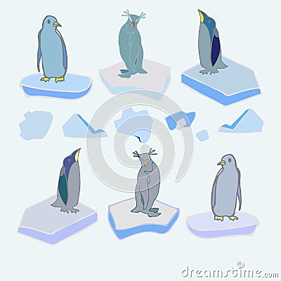 The penguins on ice floes. Vector. Christmas Vector Illustration