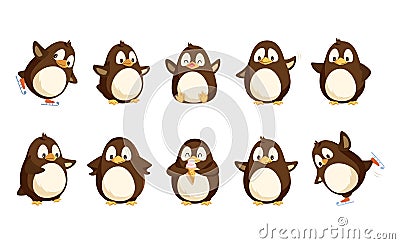 Penguins North Pole Animals Isolated Icons Set Vector Illustration