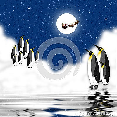 Penguins observing with Santa Claus Flying with Reindeer at night in Artic Cartoon Illustration