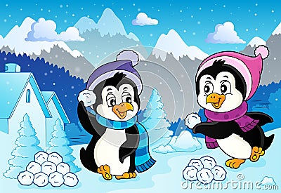 Penguins playing with snow image 2 Vector Illustration