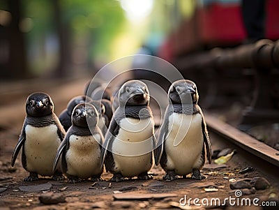 Penguins in police uniforms march together Stock Photo