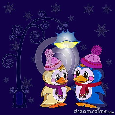 Penguins winter evening Vector Illustration