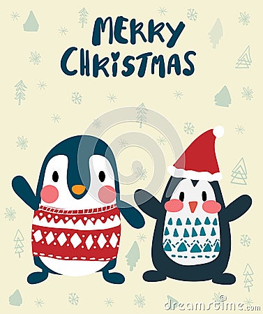 Penguins in winter merry Christmas card Vector Illustration