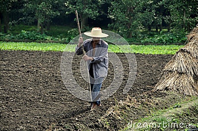 Pengzhou, China: Farmer Working His Field Editorial Stock Photo