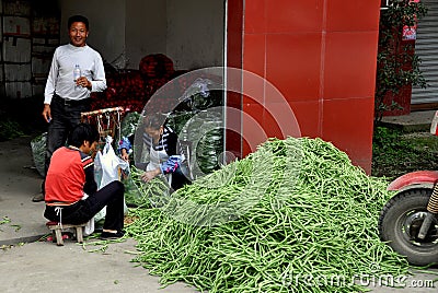 Pengzhou, China: Women Bagging Green Beans Editorial Stock Photo