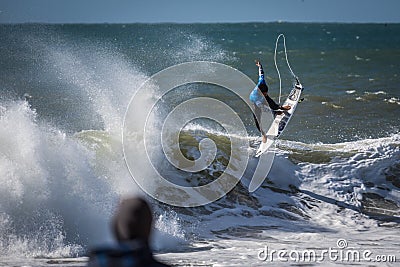 Peniche, Portugal - Oct 25th 2017 - A surfer surfing a wave during the World Surf League`s 2017 MEO Rip Curl Pro Portugal surf co Editorial Stock Photo