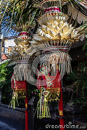 Penjor pole decoration for Galungan celebration, Bali Island, Indonesia Stock Photo