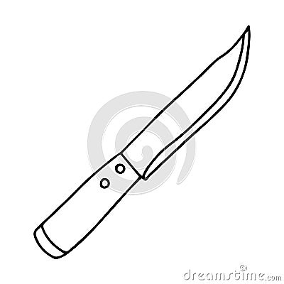 Penknife, hunting knife with a sharp blade. Steel arms. Pricking and cutting subject. Black and white vector illustration. Drawn Cartoon Illustration