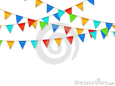 Pennant flag garland. Birthday party fiesta carnival decoration. Garlands with color flags 3d vector illustration Vector Illustration