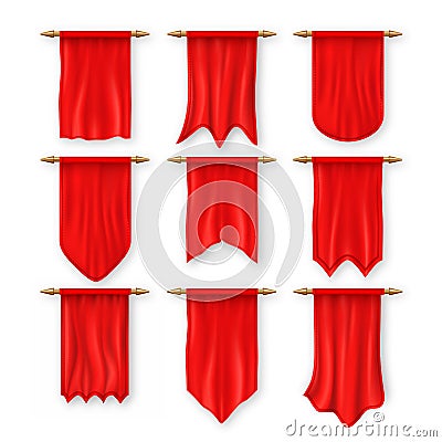 Pennat Flag Set Vector. Red Empty Template. Pennon Fabric Blank. Advertising Canvas Banner. Hanging Wall Pennat Vector Illustration