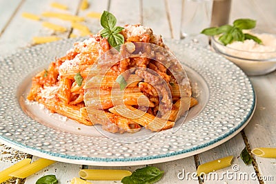 Penne in creamy tomato sauce with sour cream and Voka Stock Photo