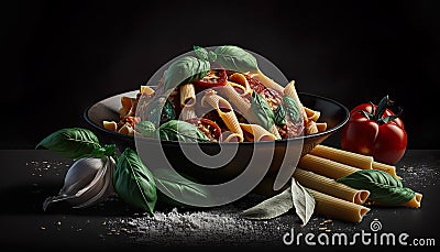 Penne Pasta Tomato Food Design On Dark Background - Generative AI Stock Photo