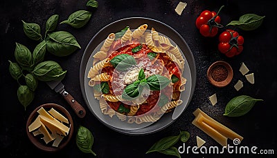 Penne Pasta Tomato Food Design, Top View On Dark Background - Generative AI Stock Photo