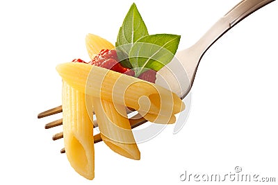 Penne rigate pasta with tomato sauce and basil on a fork Stock Photo