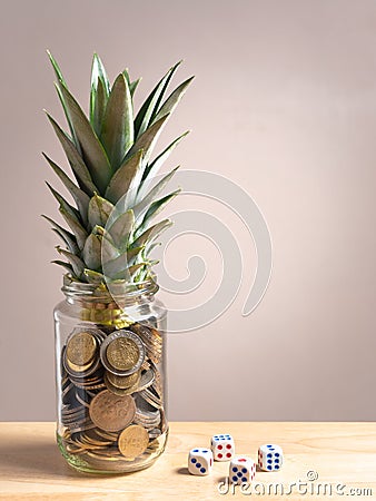 pennies in the glass bottle with pineapple leaf on the upside and dices on the other side Stock Photo